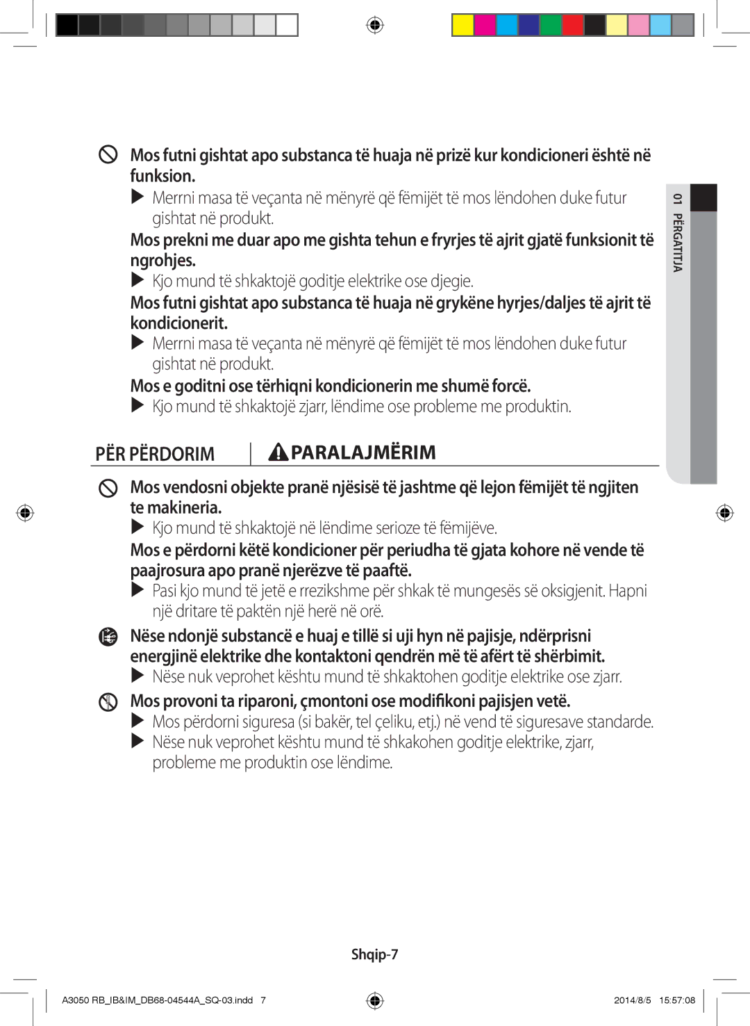 Samsung AR09HQFSBWKNRB, AR12HQFSBWKNRB, AR18HQFSBWKNRB manual  Kjo mund të shkaktojë goditje elektrike ose djegie, Shqip-7 