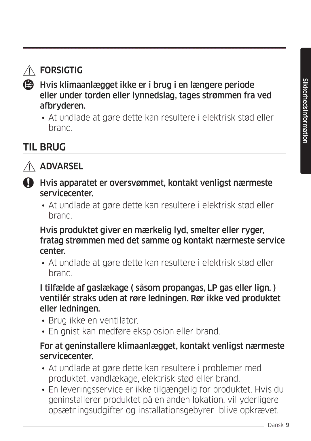 Samsung AR12HSFSPWKNEE, AR09HSFSPWKNEE manual TIL Brug 