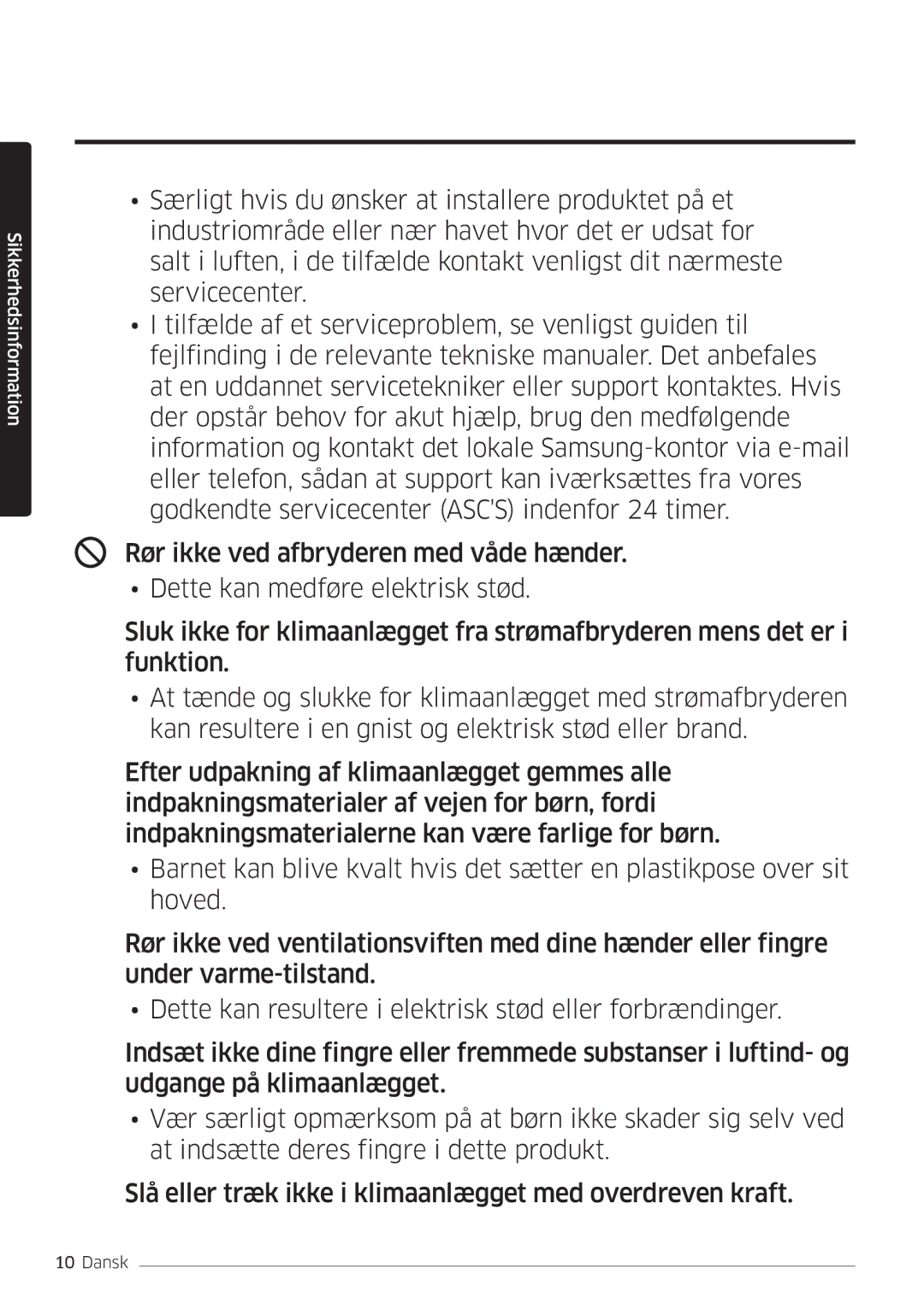 Samsung AR09HSFSPWKNEE, AR12HSFSPWKNEE manual Sikkerhedsinformation 