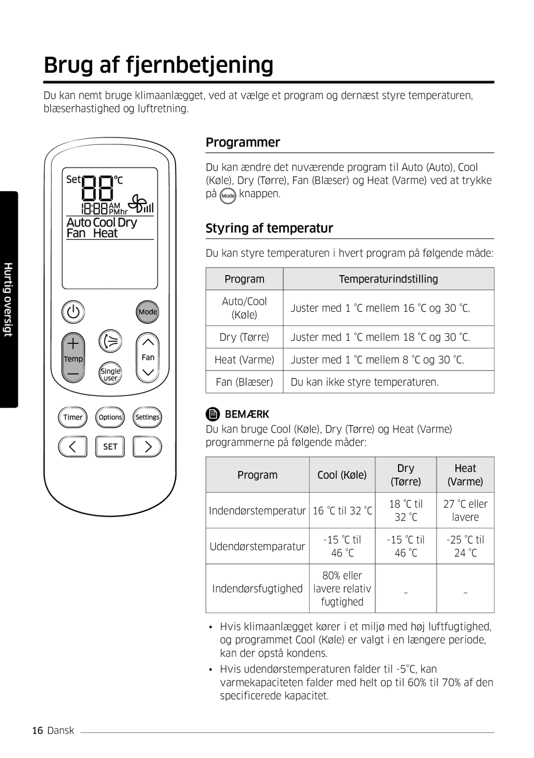 Samsung AR09HSFSPWKNEE, AR12HSFSPWKNEE manual Brug af fjernbetjening, Programmer, Styring af temperatur 