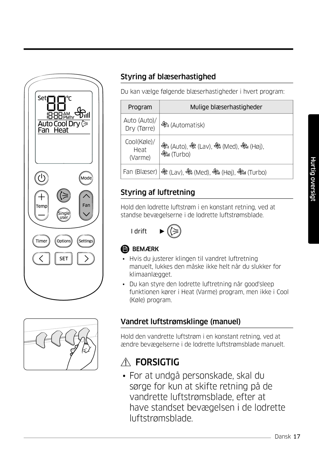 Samsung AR12HSFSPWKNEE, AR09HSFSPWKNEE Styring af blæserhastighed, Styring af luftretning, Vandret luftstrømsklinge manuel 