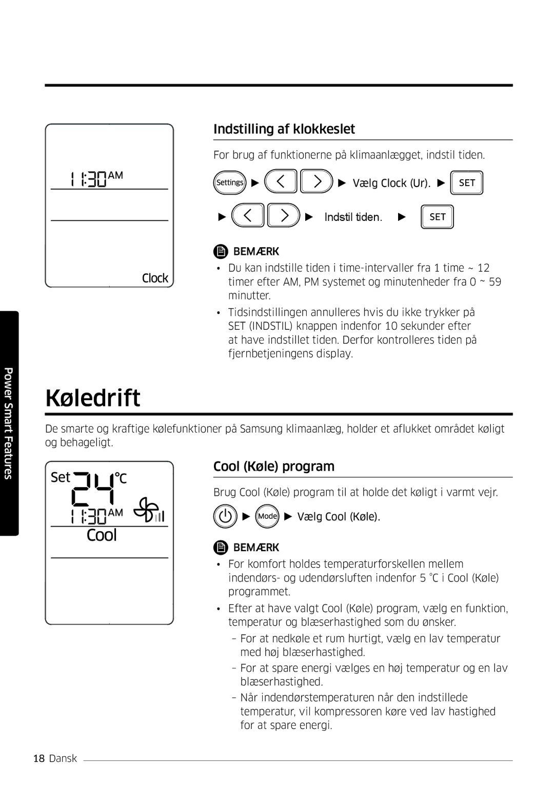 Samsung AR09HSFSPWKNEE, AR12HSFSPWKNEE manual Køledrift, Indstilling af klokkeslet, Cool Køle program 