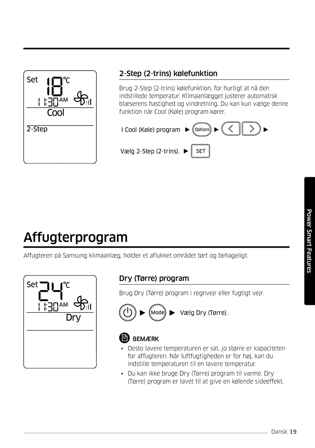 Samsung AR12HSFSPWKNEE, AR09HSFSPWKNEE manual Affugterprogram, Trins kølefunktion, Dry Tørre program 