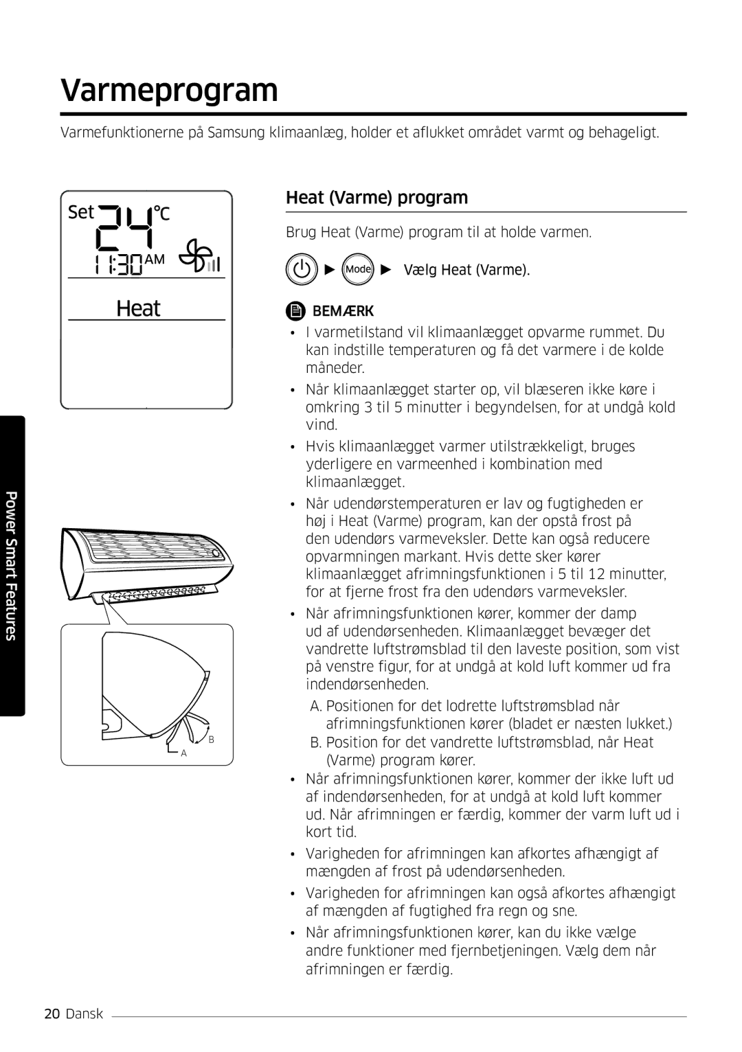 Samsung AR09HSFSPWKNEE, AR12HSFSPWKNEE manual Varmeprogram, Heat Varme program 