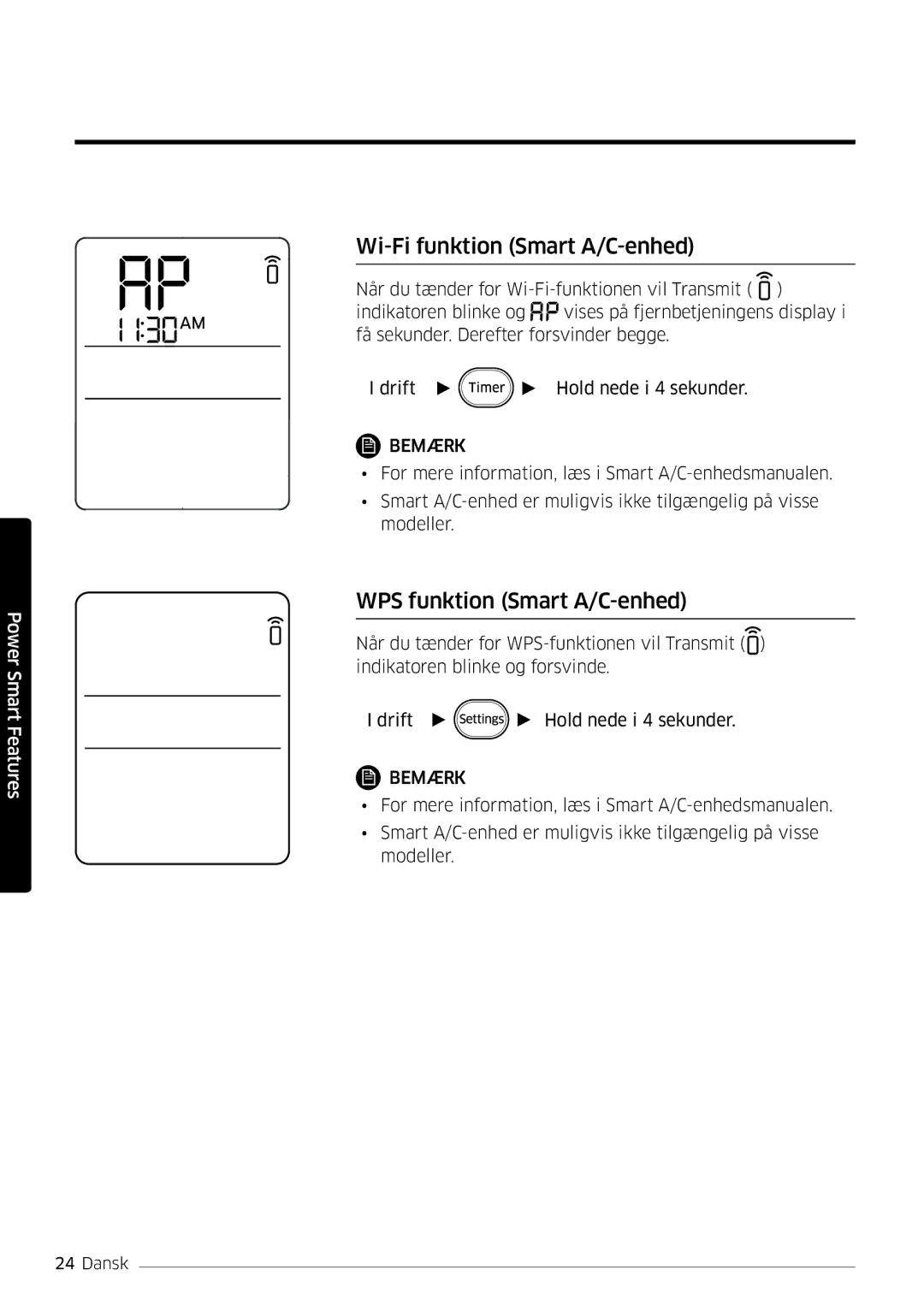 Samsung AR09HSFSPWKNEE, AR12HSFSPWKNEE manual Wi-Fi funktion Smart A/C-enhed, WPS funktion Smart A/C-enhed 