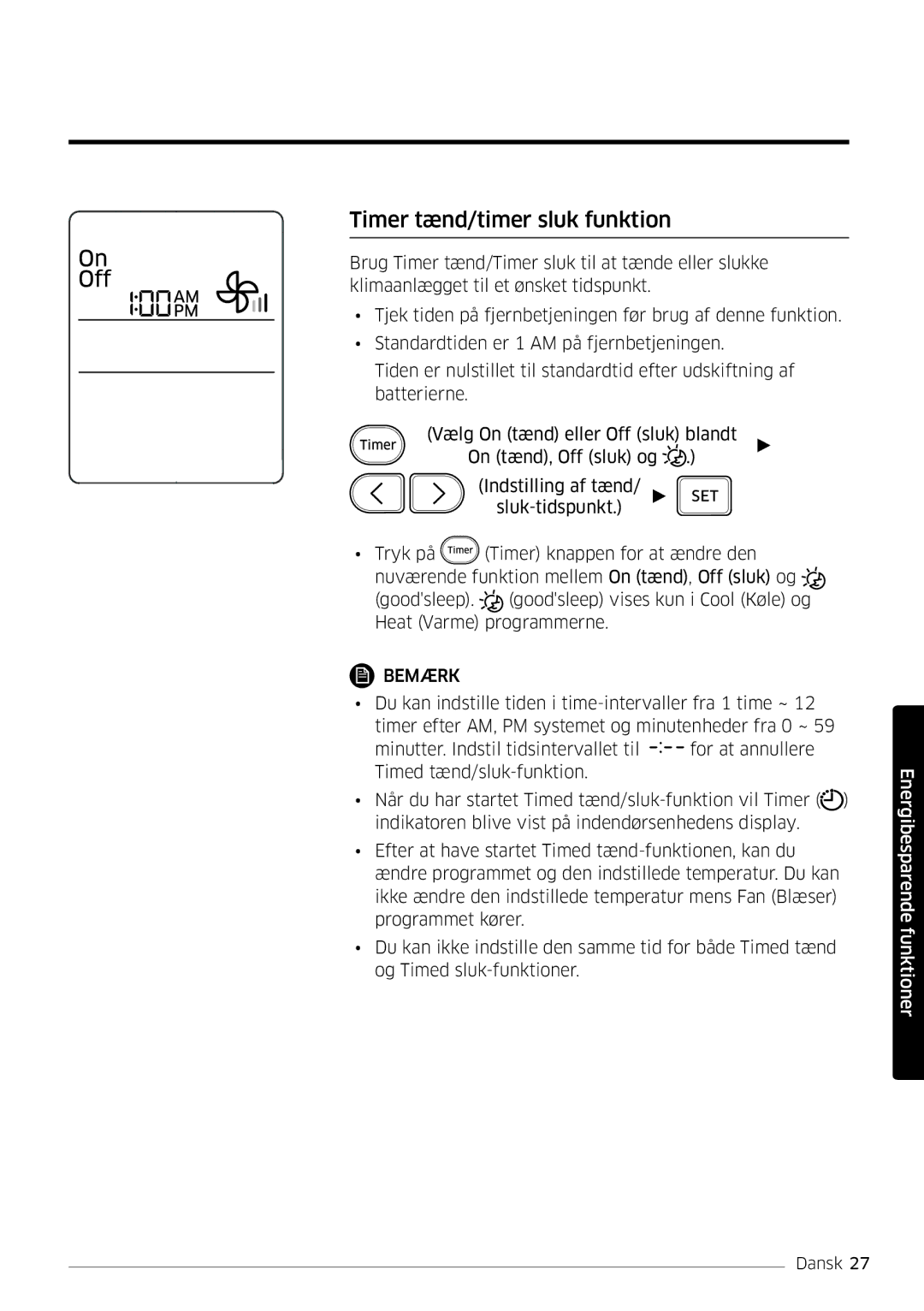 Samsung AR12HSFSPWKNEE, AR09HSFSPWKNEE manual Timer tænd/timer sluk funktion 