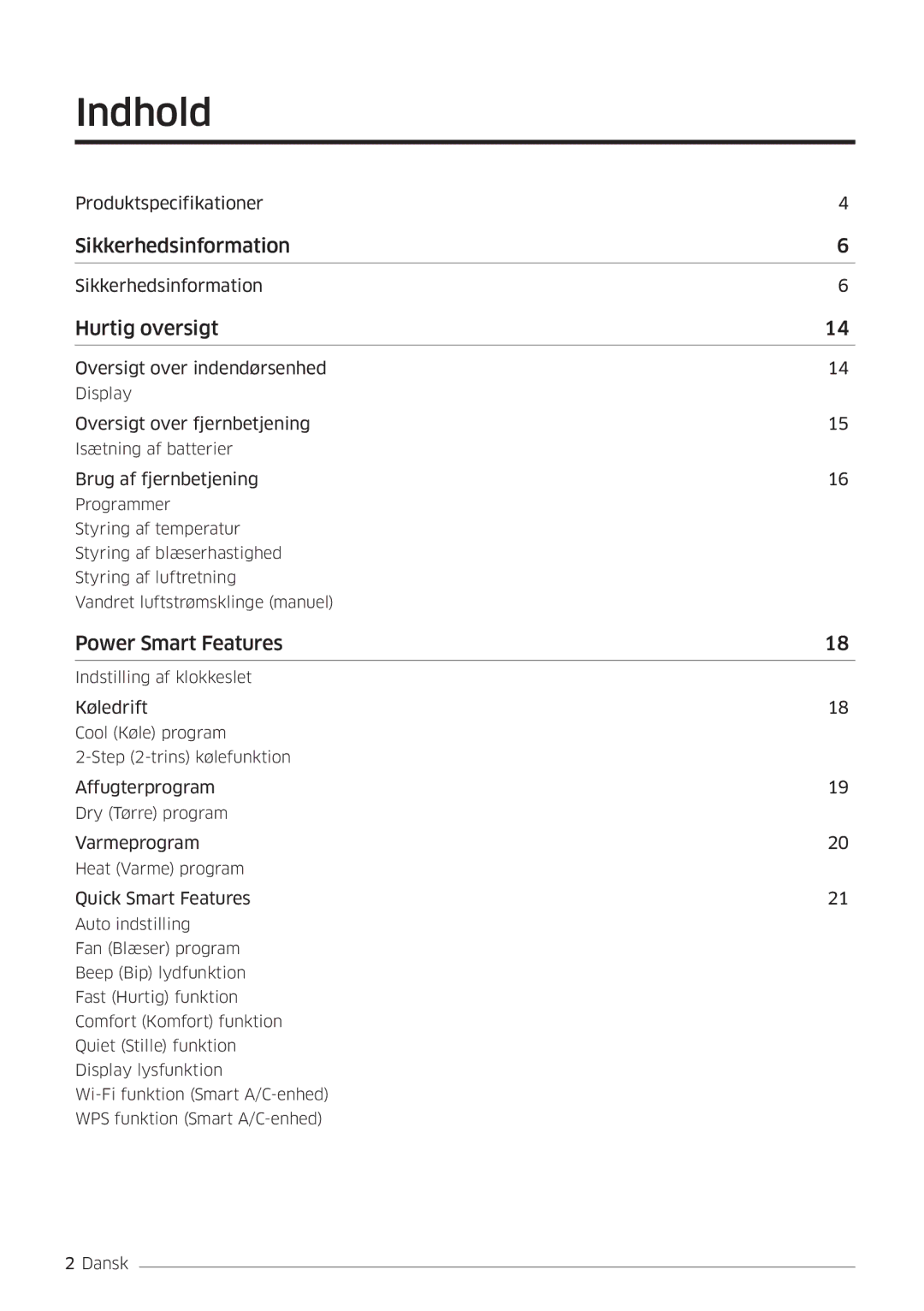 Samsung AR09HSFSPWKNEE, AR12HSFSPWKNEE manual Indhold, Hurtig oversigt 