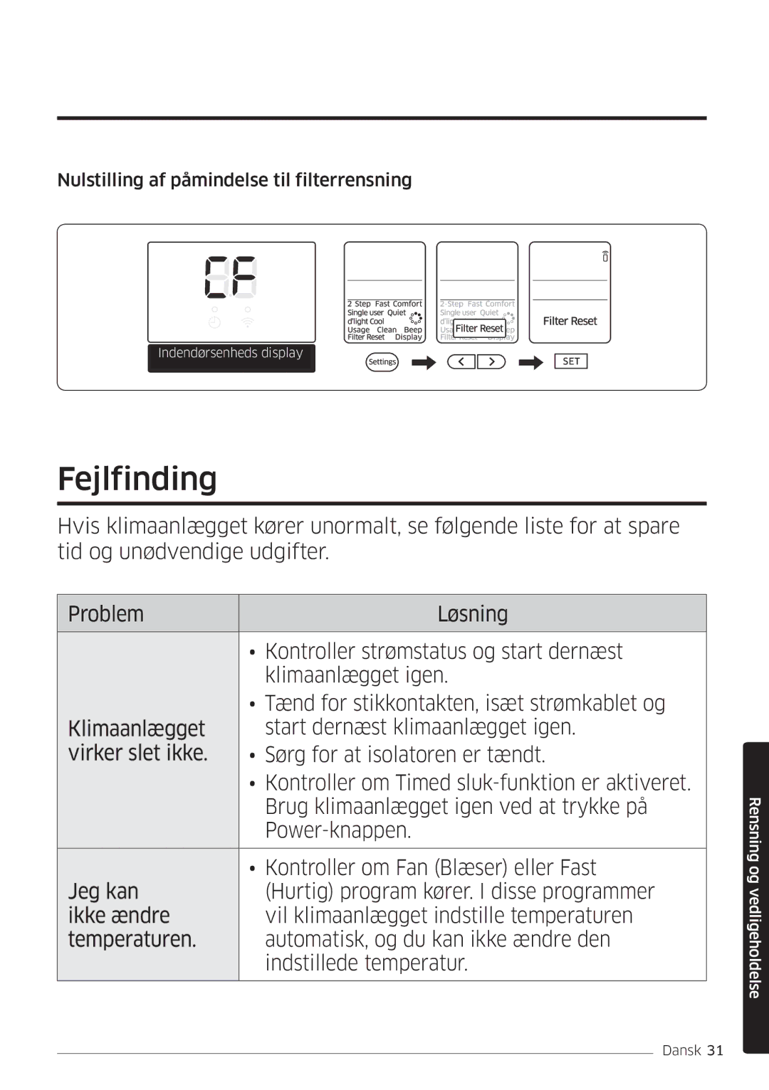 Samsung AR12HSFSPWKNEE, AR09HSFSPWKNEE manual Fejlfinding, Nulstilling af påmindelse til filterrensning 