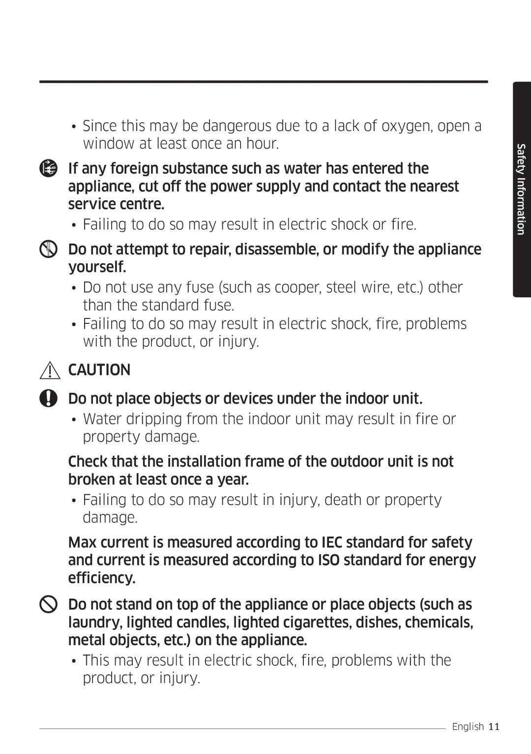 Samsung AR12HSFSPWKNEE, AR09HSFSPWKNEE manual Safety Information 