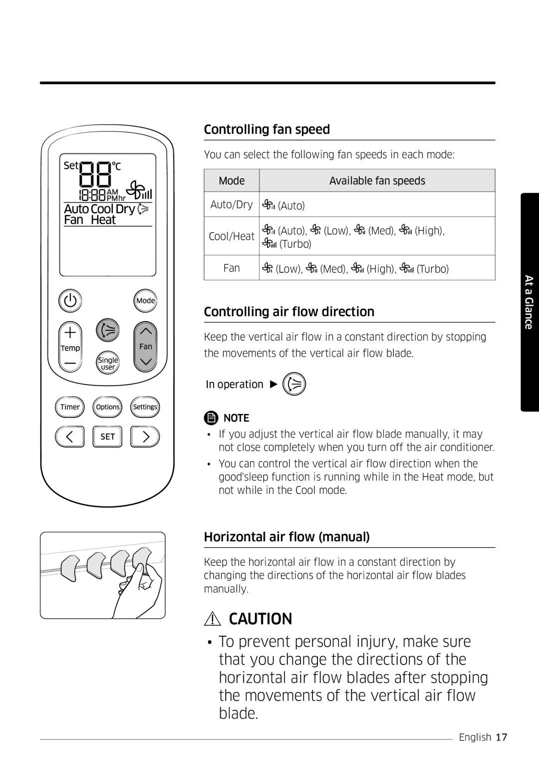 Samsung AR12HSFSPWKNEE, AR09HSFSPWKNEE Controlling fan speed, Controlling air flow direction, Horizontal air flow manual 