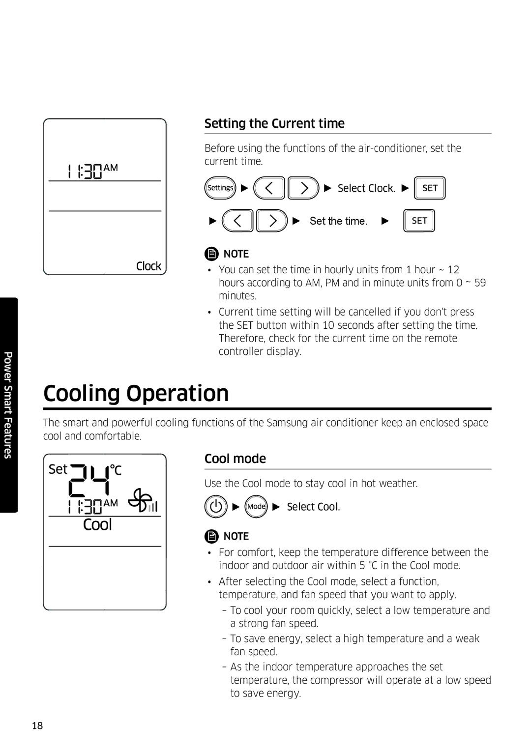 Samsung AR09HSFSPWKNEE, AR12HSFSPWKNEE manual Cooling Operation, Setting the Current time, Cool mode 