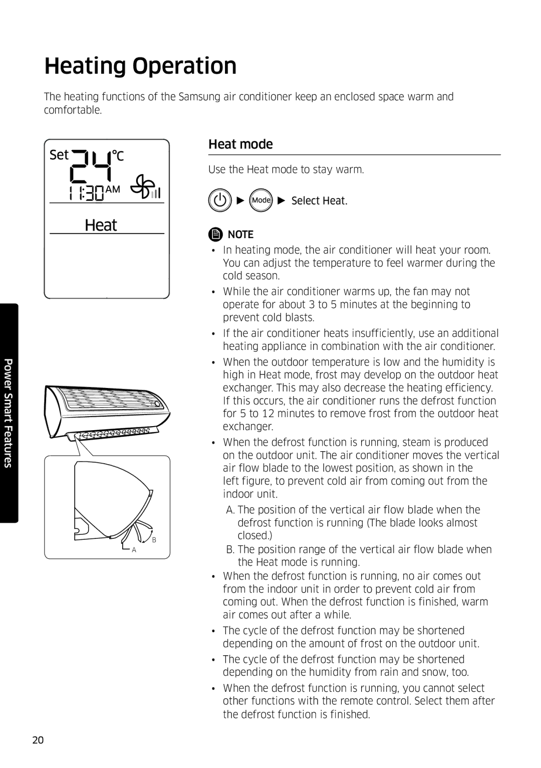 Samsung AR09HSFSPWKNEE, AR12HSFSPWKNEE manual Heating Operation, Heat mode 