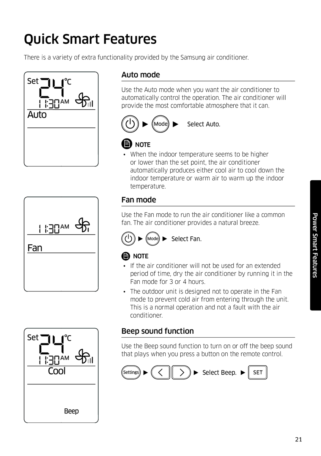 Samsung AR12HSFSPWKNEE, AR09HSFSPWKNEE manual Quick Smart Features, Auto mode, Fan mode, Beep sound function 