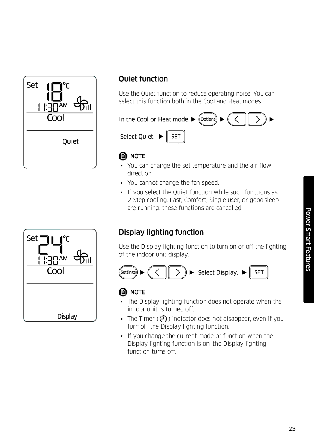 Samsung AR12HSFSPWKNEE, AR09HSFSPWKNEE manual Quiet function, Display lighting function 