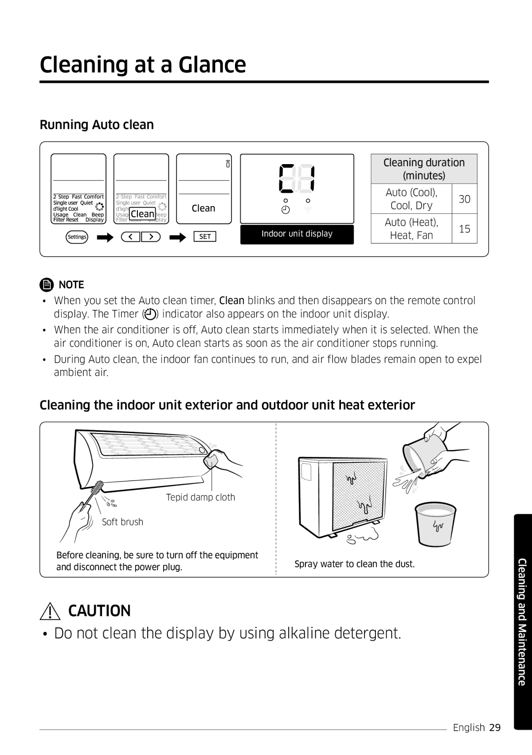 Samsung AR12HSFSPWKNEE, AR09HSFSPWKNEE manual Cleaning at a Glance, Running Auto clean 