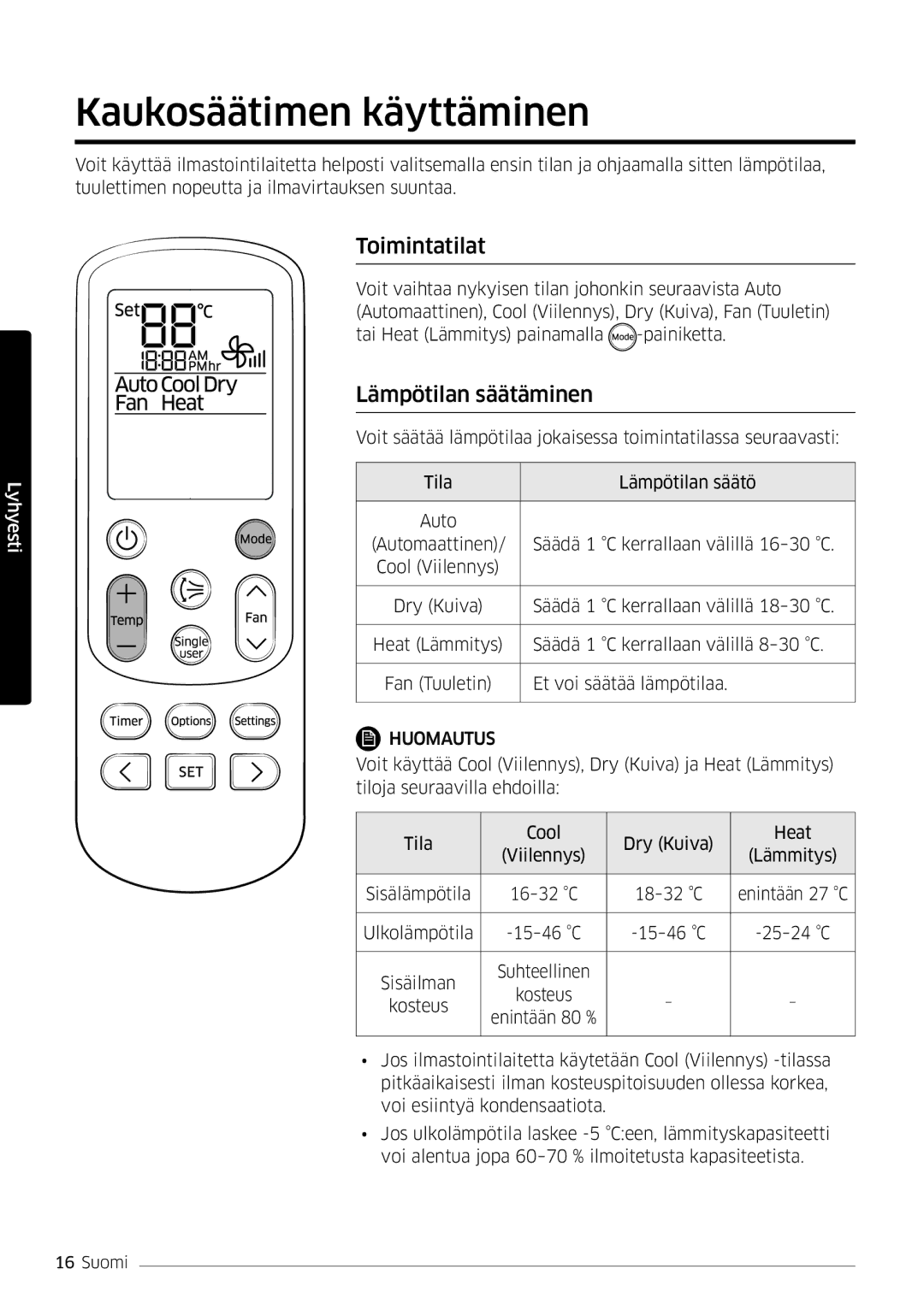 Samsung AR09HSFSPWKNEE, AR12HSFSPWKNEE manual Kaukosäätimen käyttäminen, Toimintatilat, Lämpötilan säätäminen 