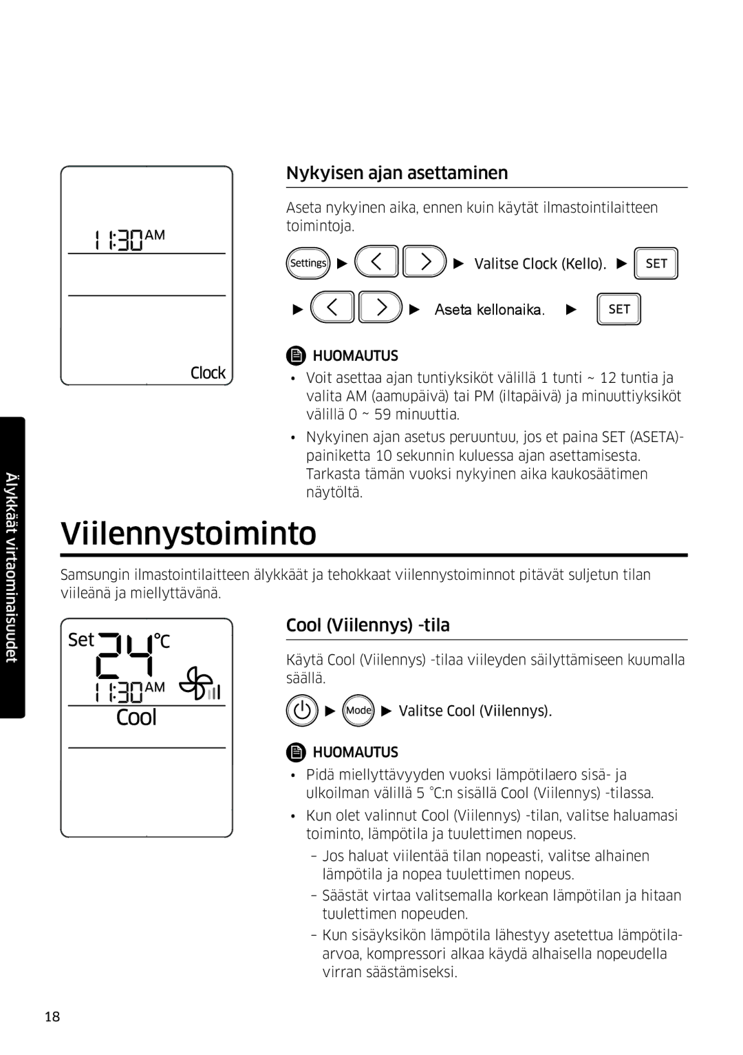 Samsung AR09HSFSPWKNEE, AR12HSFSPWKNEE manual Viilennystoiminto, Nykyisen ajan asettaminen, Cool Viilennys -tila 