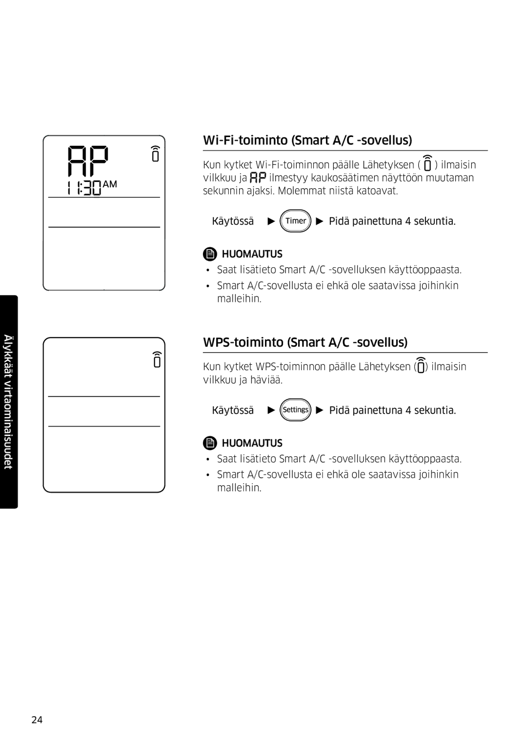 Samsung AR09HSFSPWKNEE, AR12HSFSPWKNEE manual Wi-Fi-toiminto Smart A/C -sovellus, WPS-toiminto Smart A/C -sovellus 