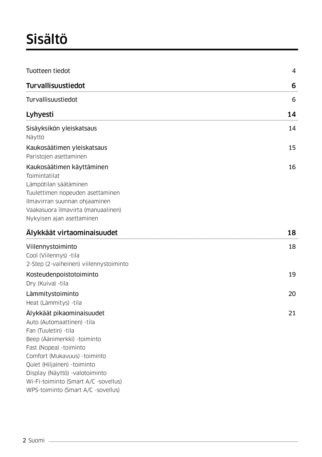 Samsung AR09HSFSPWKNEE, AR12HSFSPWKNEE manual Sisältö, Lyhyesti 