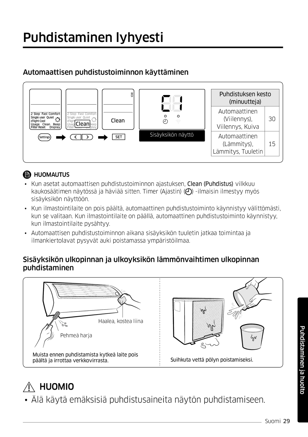 Samsung AR12HSFSPWKNEE, AR09HSFSPWKNEE manual Puhdistaminen lyhyesti, Automaattisen puhdistustoiminnon käyttäminen 