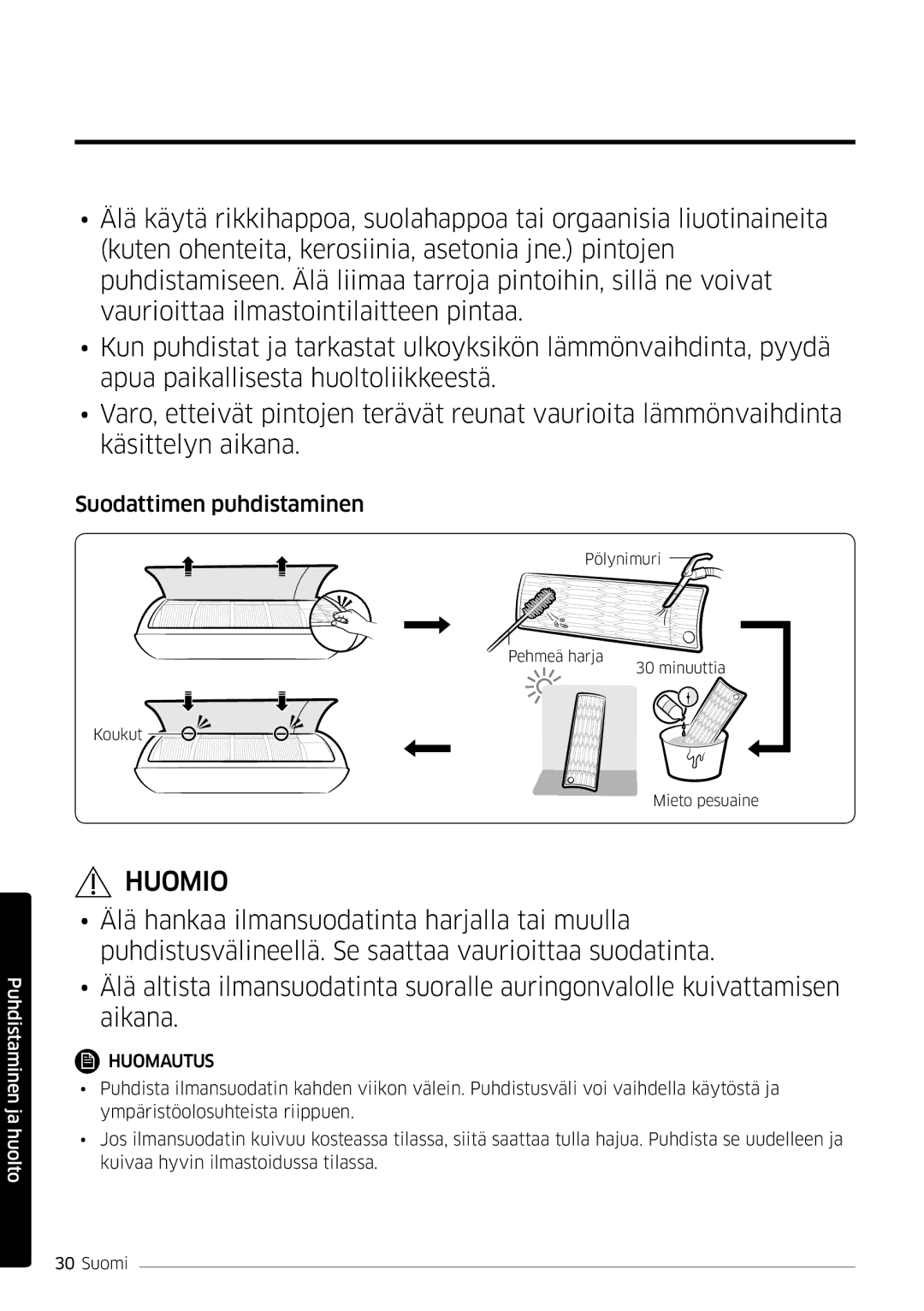 Samsung AR09HSFSPWKNEE, AR12HSFSPWKNEE manual Suodattimen puhdistaminen 