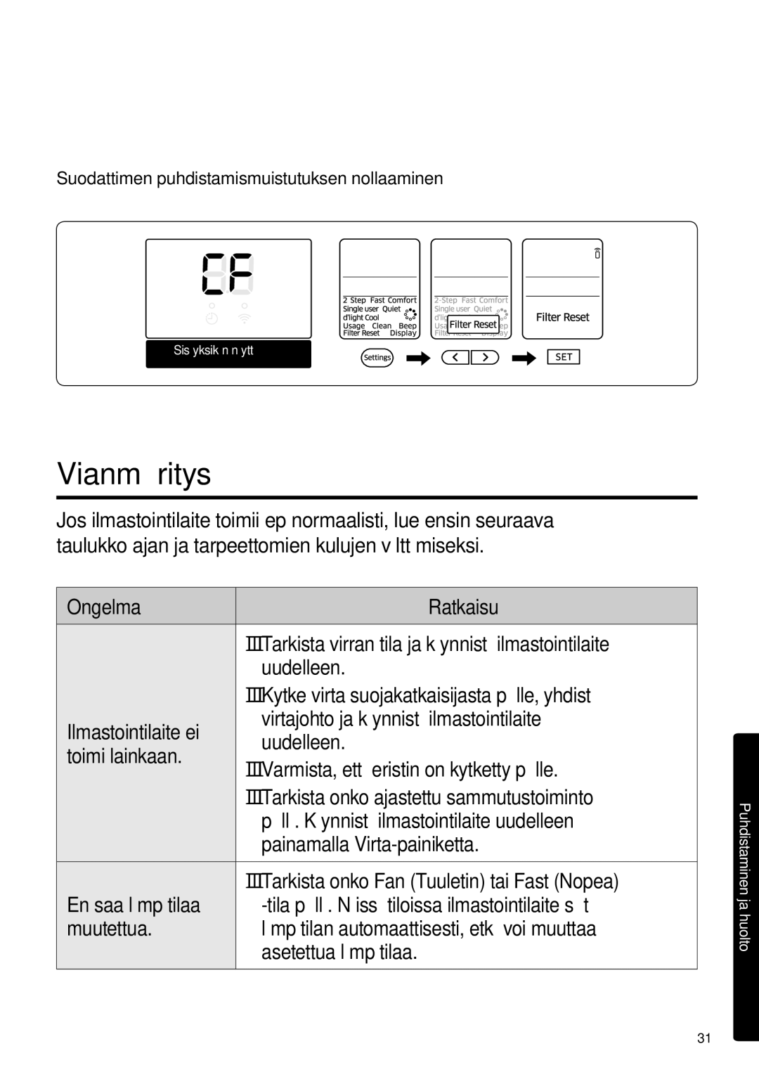 Samsung AR12HSFSPWKNEE, AR09HSFSPWKNEE manual Vianmääritys, Suodattimen puhdistamismuistutuksen nollaaminen 