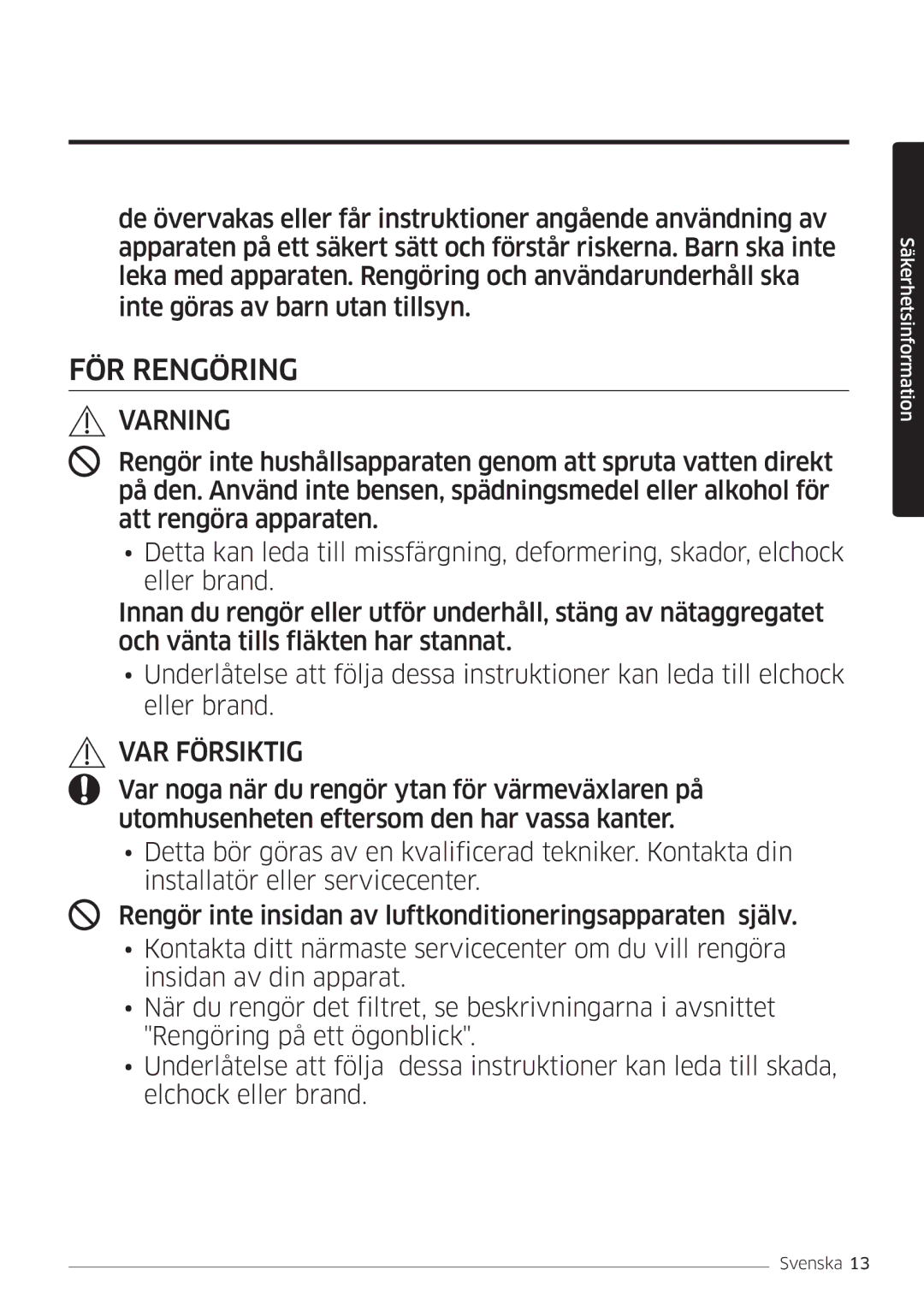 Samsung AR12HSFSPWKNEE, AR09HSFSPWKNEE manual FÖR Rengöring 