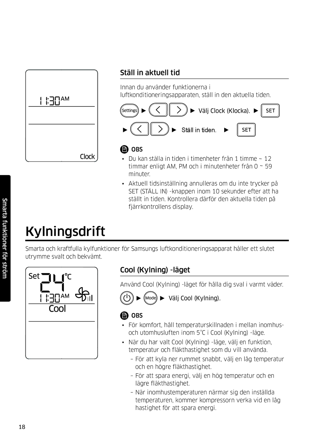 Samsung AR09HSFSPWKNEE, AR12HSFSPWKNEE manual Kylningsdrift, Ställ in aktuell tid, Cool Kylning -läget 