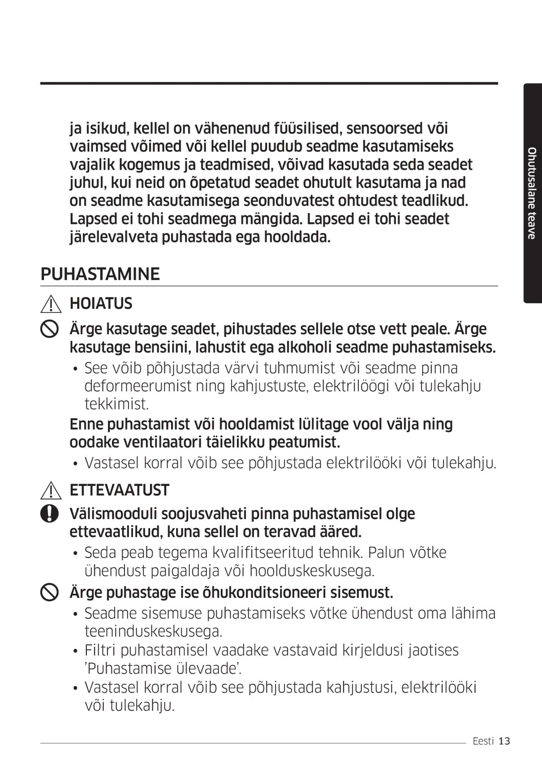 Samsung AR12HSFSPWKNEE, AR09HSFSPWKNEE manual Puhastamine 