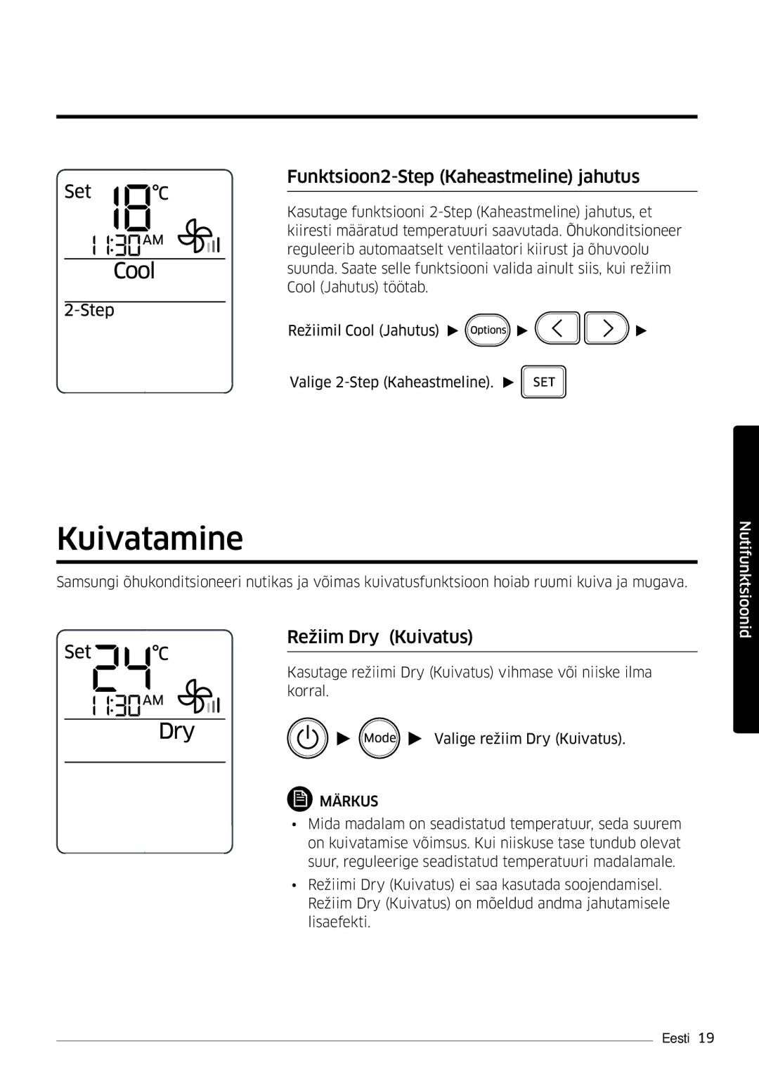 Samsung AR12HSFSPWKNEE, AR09HSFSPWKNEE manual Kuivatamine, Funktsioon2-Step Kaheastmeline jahutus, Režiim Dry Kuivatus 