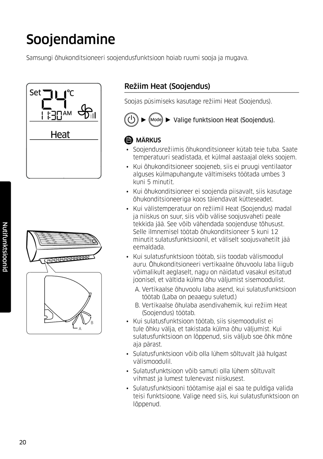 Samsung AR09HSFSPWKNEE, AR12HSFSPWKNEE manual Soojendamine, Režiim Heat Soojendus 