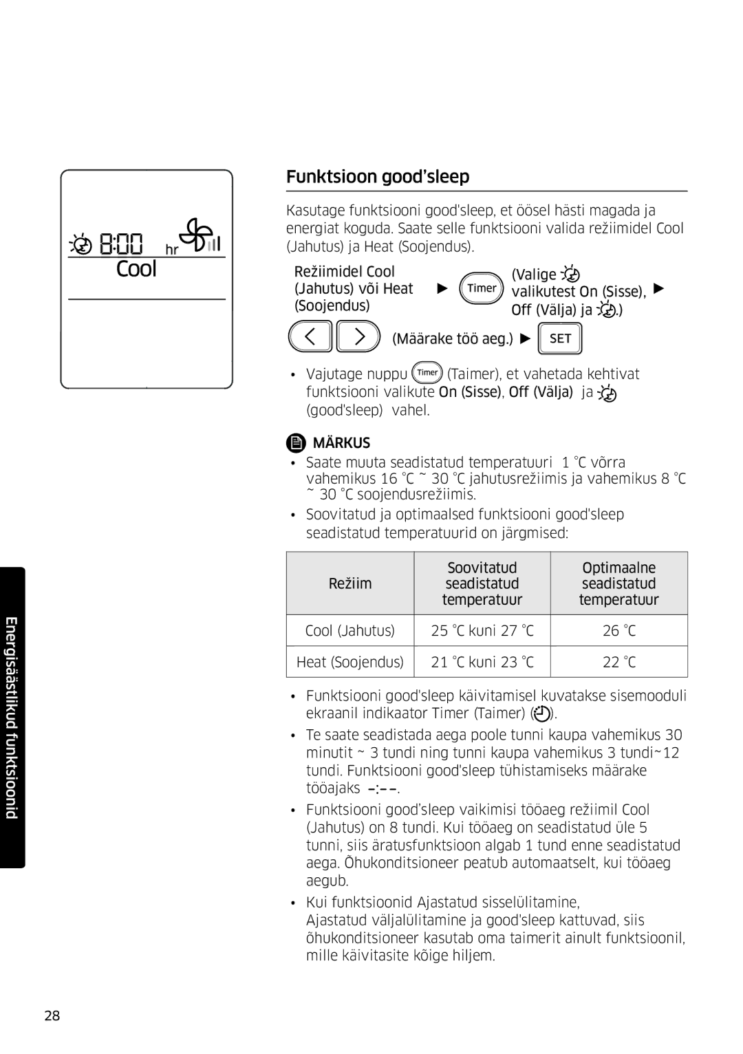 Samsung AR09HSFSPWKNEE, AR12HSFSPWKNEE manual Funktsioon good’sleep 