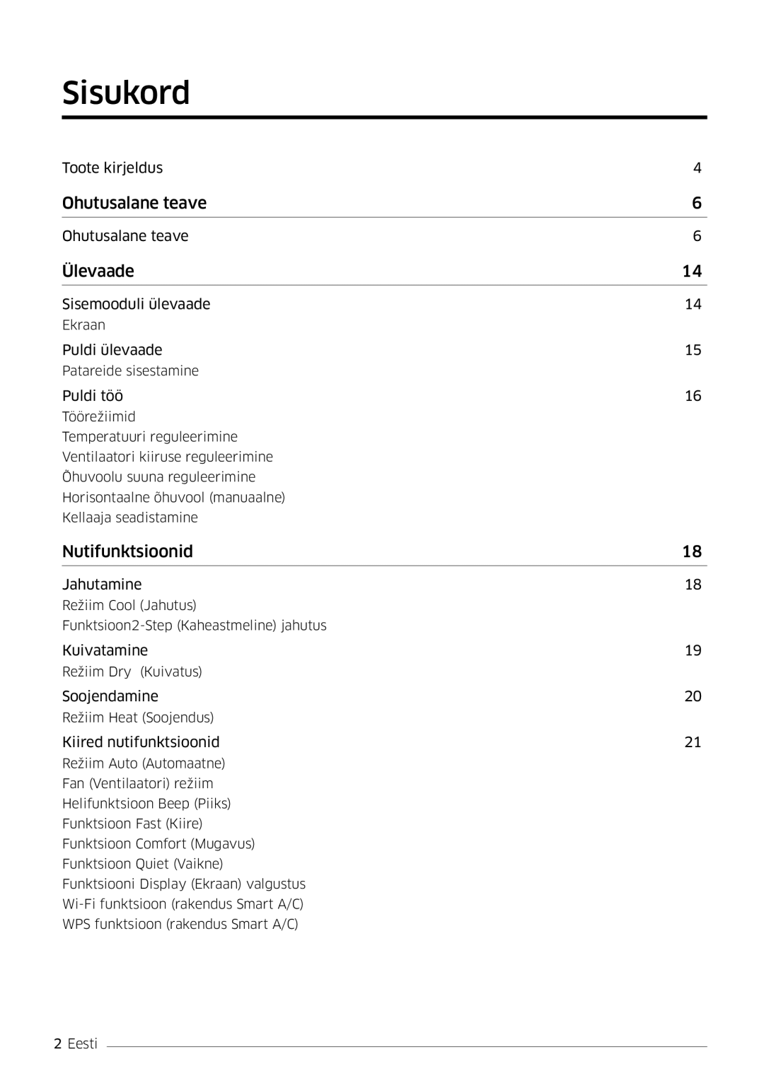 Samsung AR09HSFSPWKNEE, AR12HSFSPWKNEE manual Sisukord, Ülevaade 