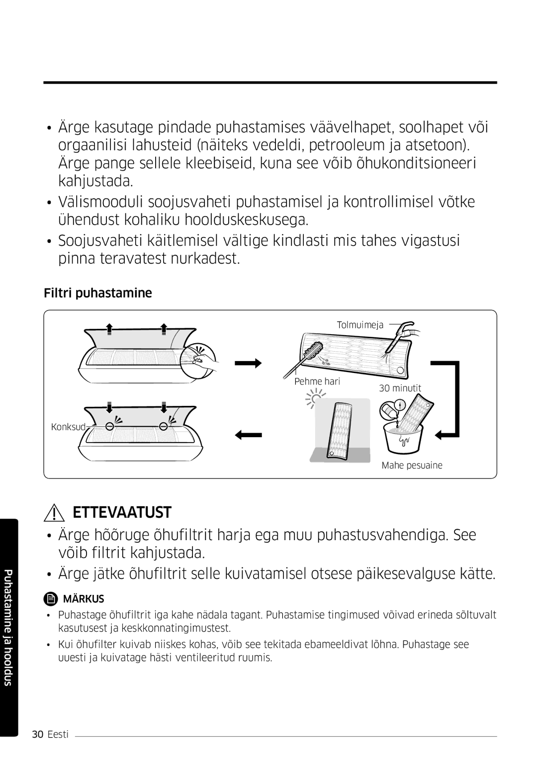 Samsung AR09HSFSPWKNEE, AR12HSFSPWKNEE manual Filtri puhastamine 