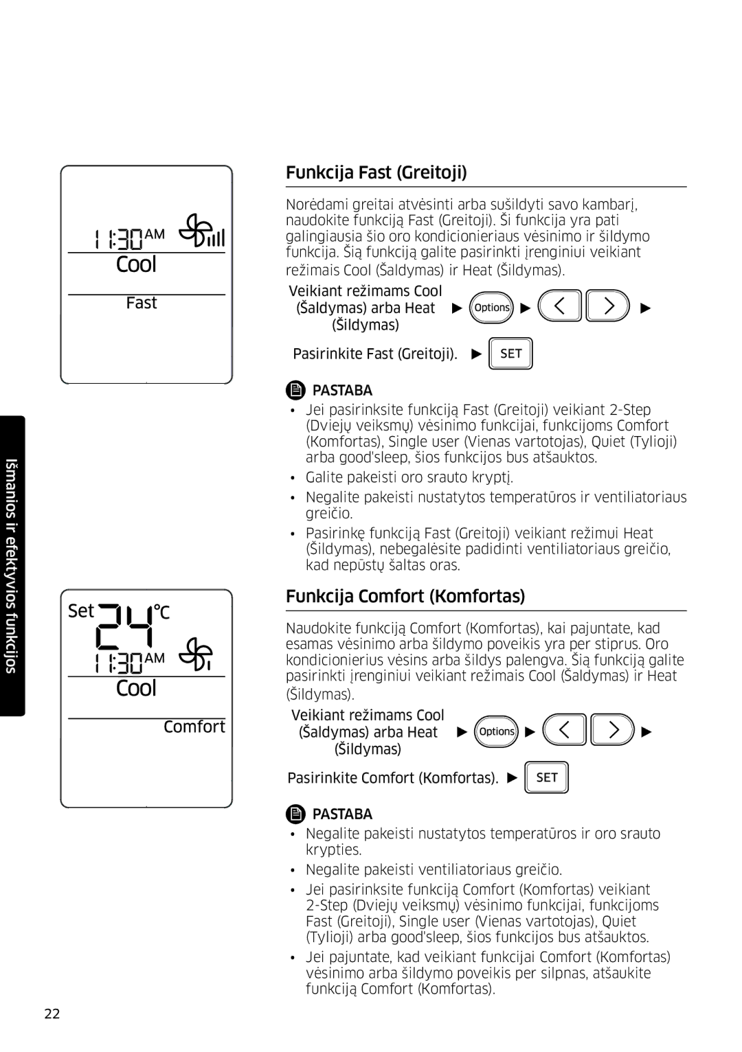 Samsung AR09HSFSPWKNEE, AR12HSFSPWKNEE manual Funkcija Fast Greitoji, Funkcija Comfort Komfortas 