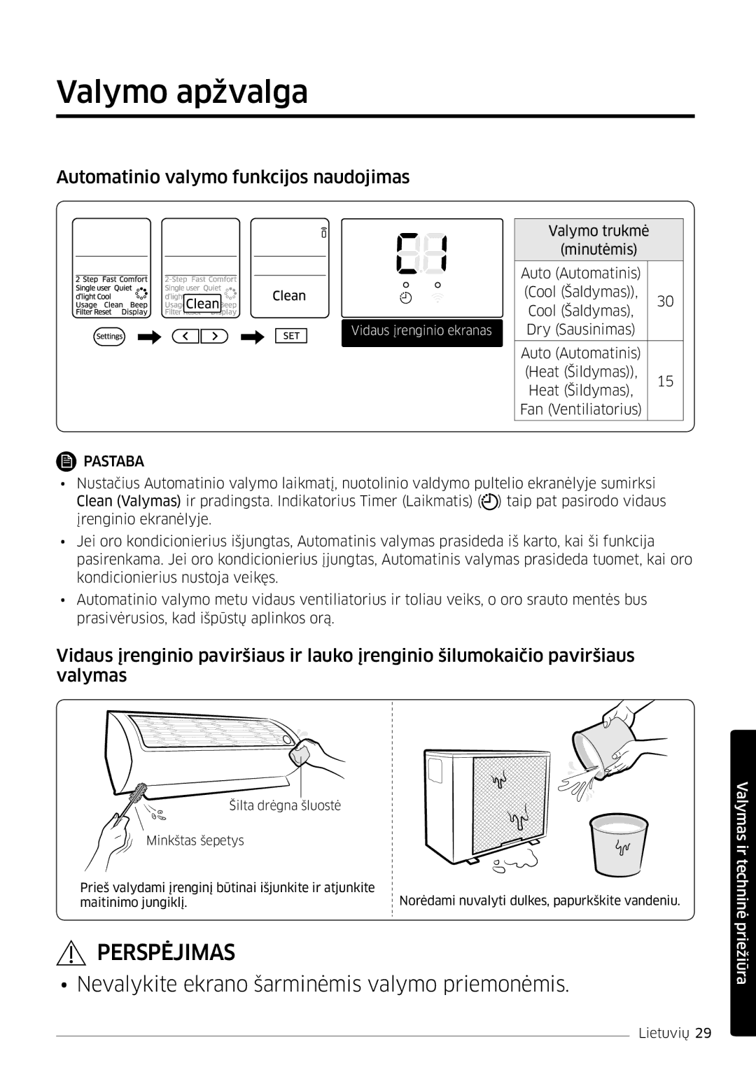 Samsung AR12HSFSPWKNEE, AR09HSFSPWKNEE manual Valymo apžvalga, Automatinio valymo funkcijos naudojimas 