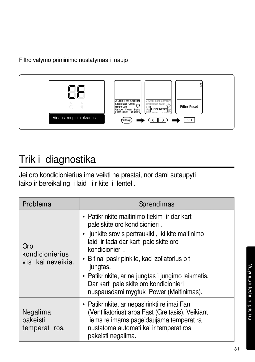 Samsung AR12HSFSPWKNEE, AR09HSFSPWKNEE manual Trikčių diagnostika, Filtro valymo priminimo nustatymas iš naujo 