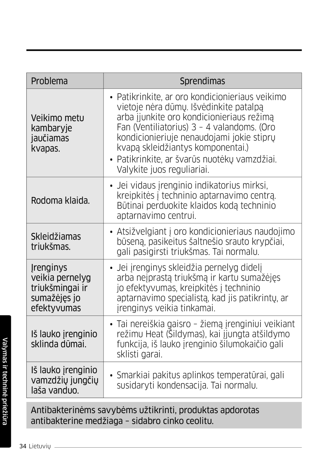 Samsung AR09HSFSPWKNEE, AR12HSFSPWKNEE manual Valymas ir techninė priežiūra 