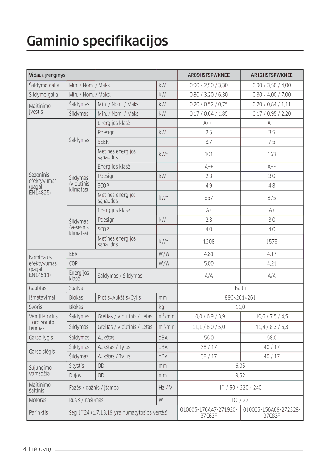 Samsung manual Gaminio specifikacijos, AR09HSFSPWKNEE AR12HSFSPWKNEE 