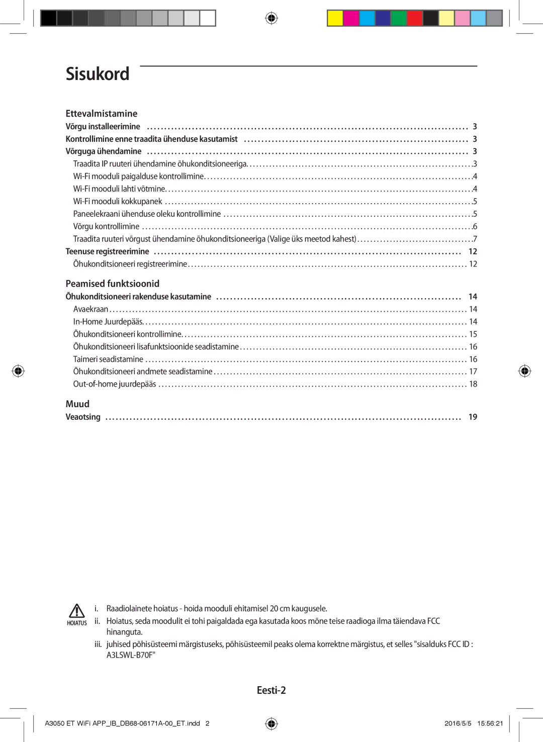 Samsung AR12HSFSPWKNEE, AR09HSFSPWKNEE manual Sisukord, Eesti-2 