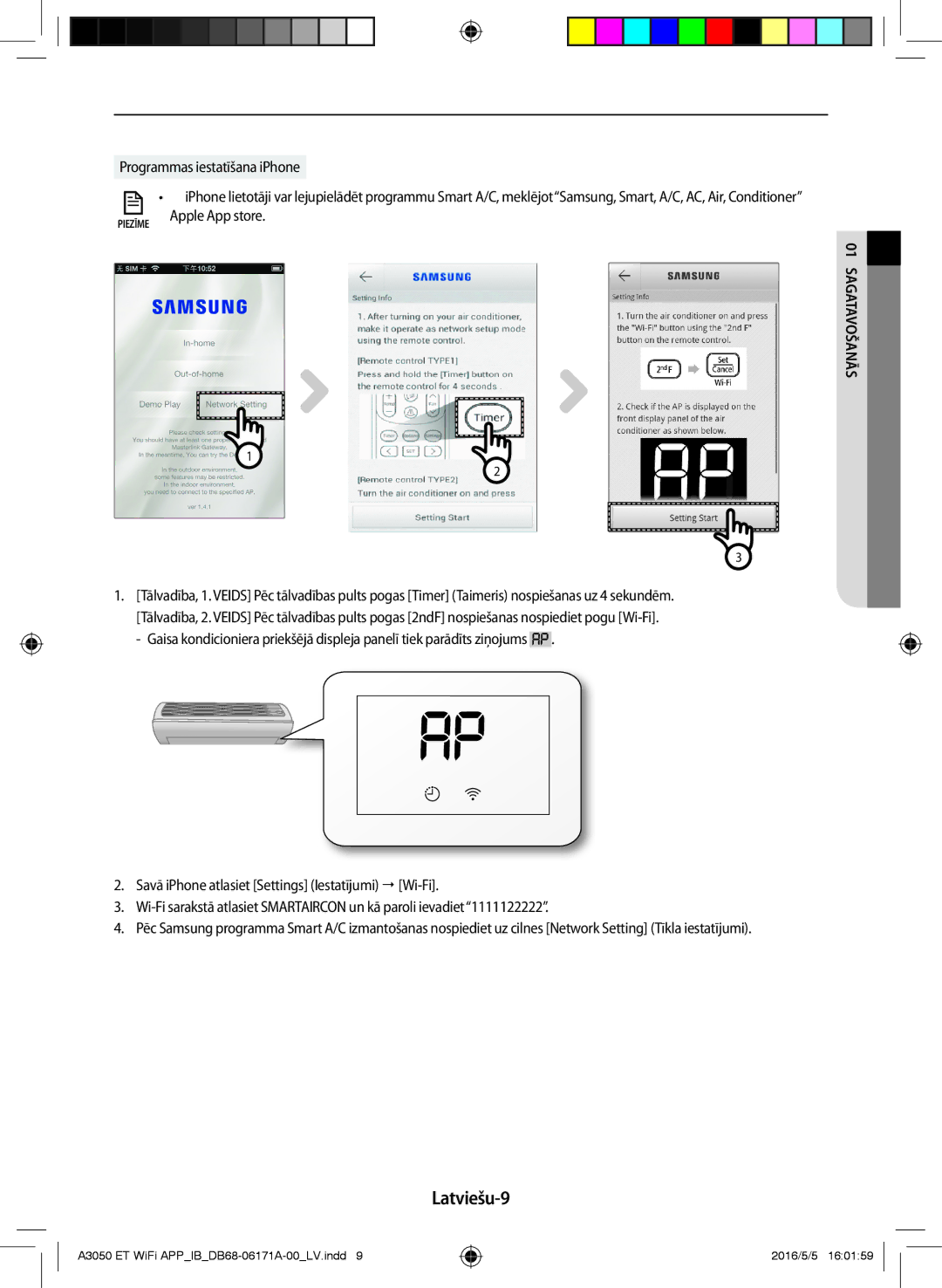 Samsung AR09HSFSPWKNEE, AR12HSFSPWKNEE manual Latviešu-9, Programmas iestatīšana iPhone 