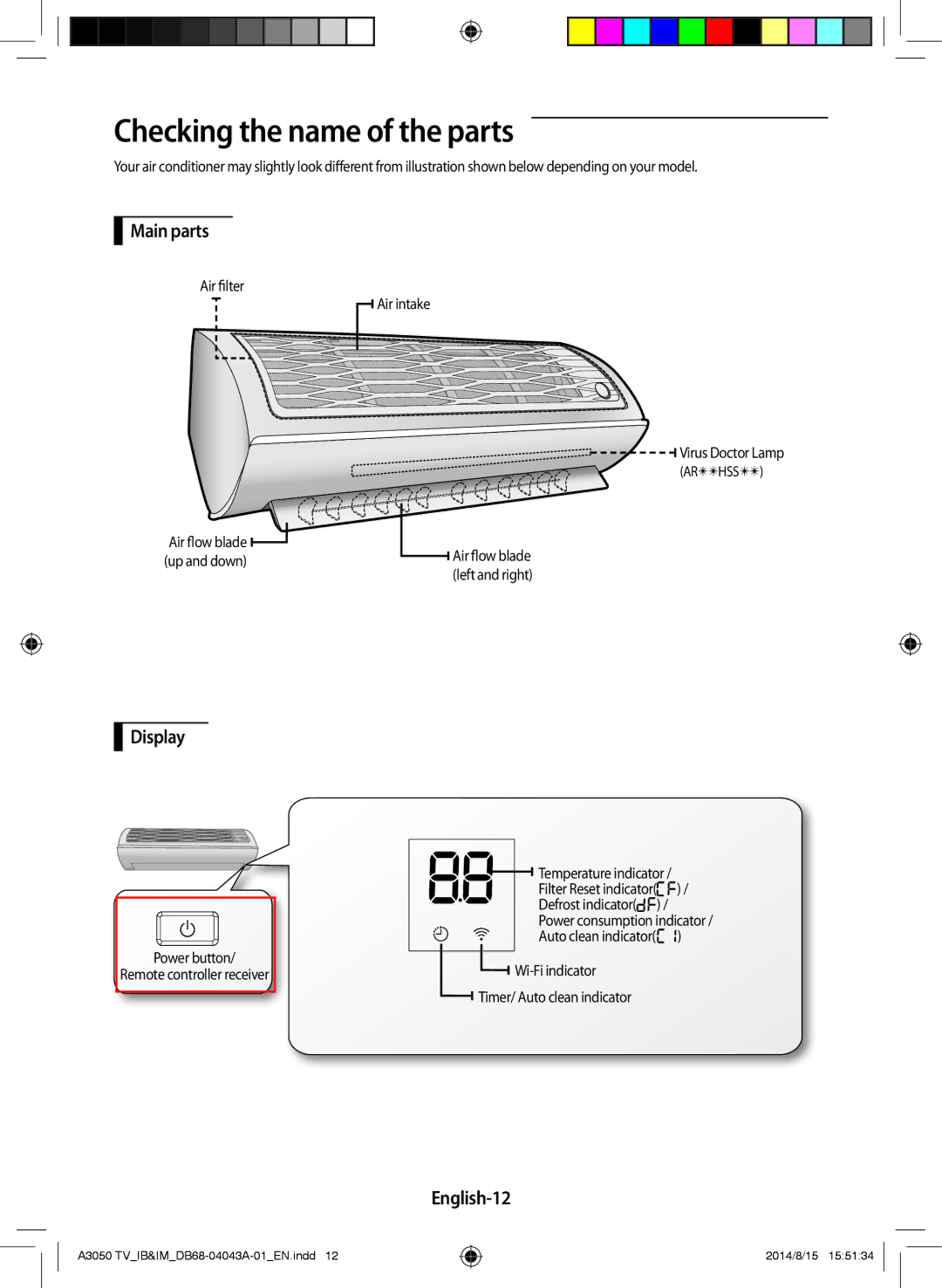 Samsung AR12HSFSSWKNTV, AR24HSFSSWKNTV, AR30HSFSSWKNTV manual Checking the name of the parts, Main parts, Display, English-12 