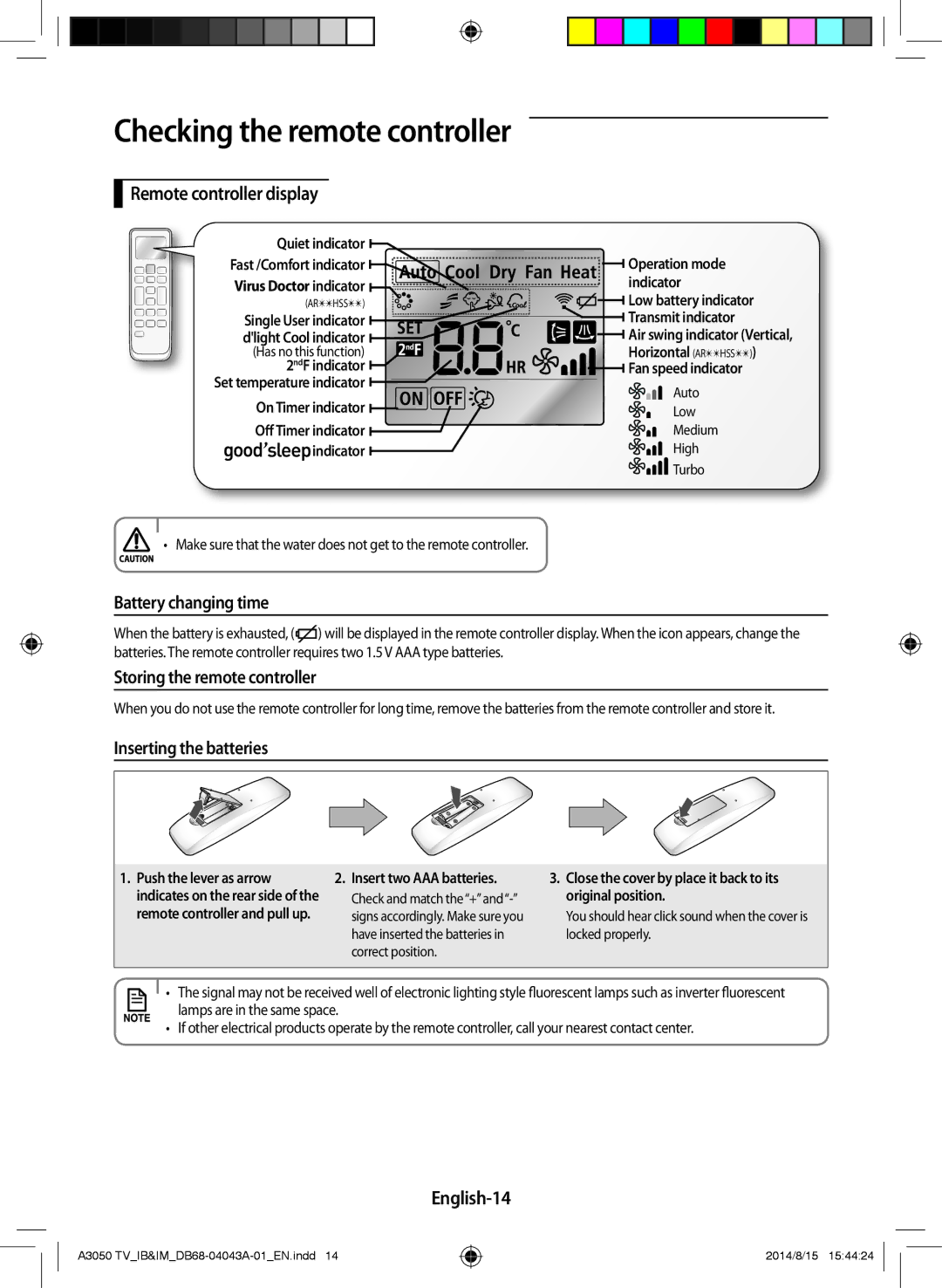 Samsung AR30HSFSSWKNTV manual Remote controller display, Battery changing time, Storing the remote controller, English-14 