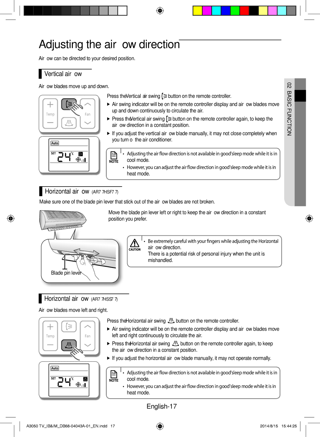 Samsung AR24HSFSSWKNTV Adjusting the air flow direction, Vertical air flow, Horizontal air flow ARHSF, English-17 