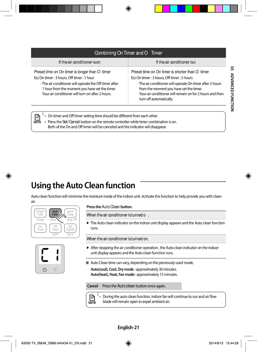 Samsung AR24HSFSSWKNTV, AR12HSFSSWKNTV Using the Auto Clean function, English-21, When the air conditioner is turned on 