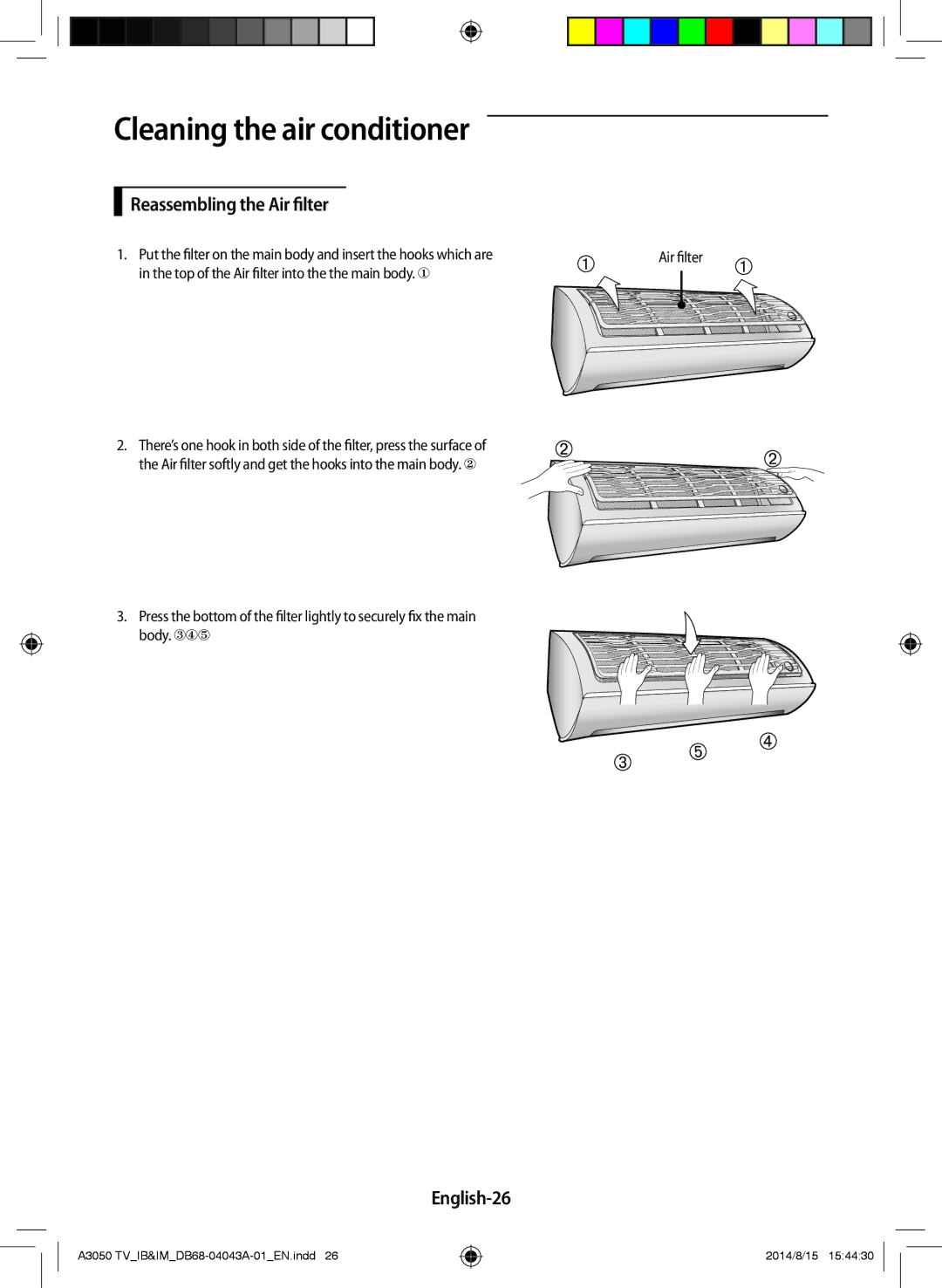 Samsung AR30HSFSSWKNTV manual Reassembling the Air filter, English-26, Top of the Air filter into the the main body..  