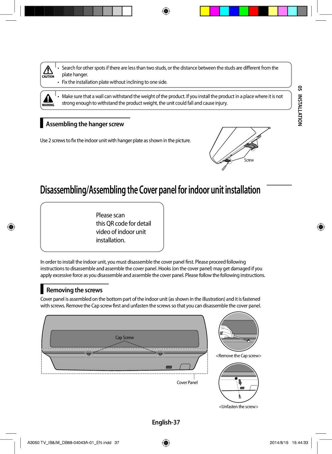 Samsung AR24HSFSSWKNTV, AR12HSFSSWKNTV, AR30HSFSSWKNTV manual Assembling the hanger screw, Removing the screws, English-37 