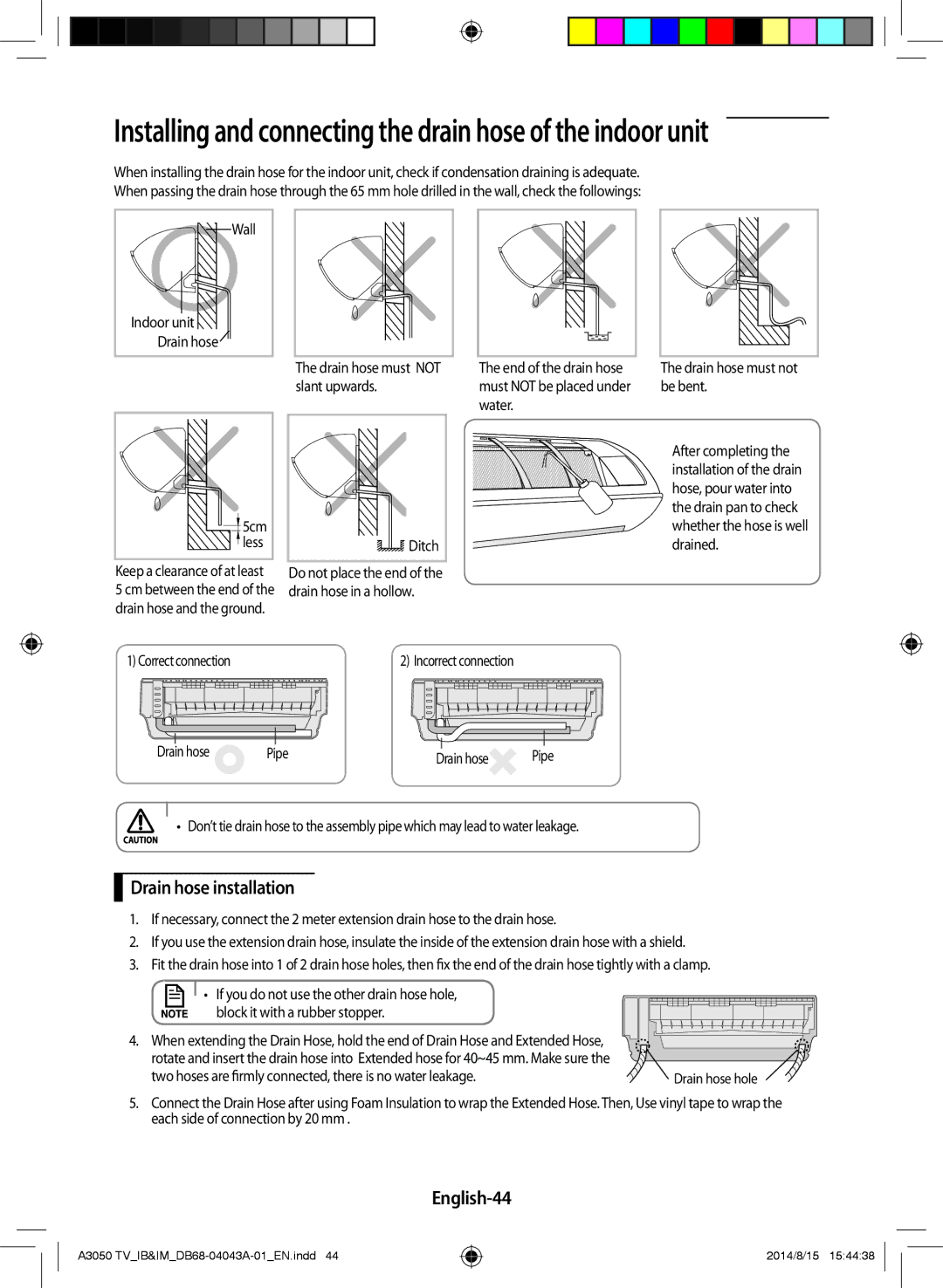 Samsung AR12HSFSSWKNTV, AR24HSFSSWKNTV, AR30HSFSSWKNTV, AR18HSFSSWKNTV manual Drain hose installation, English-44 