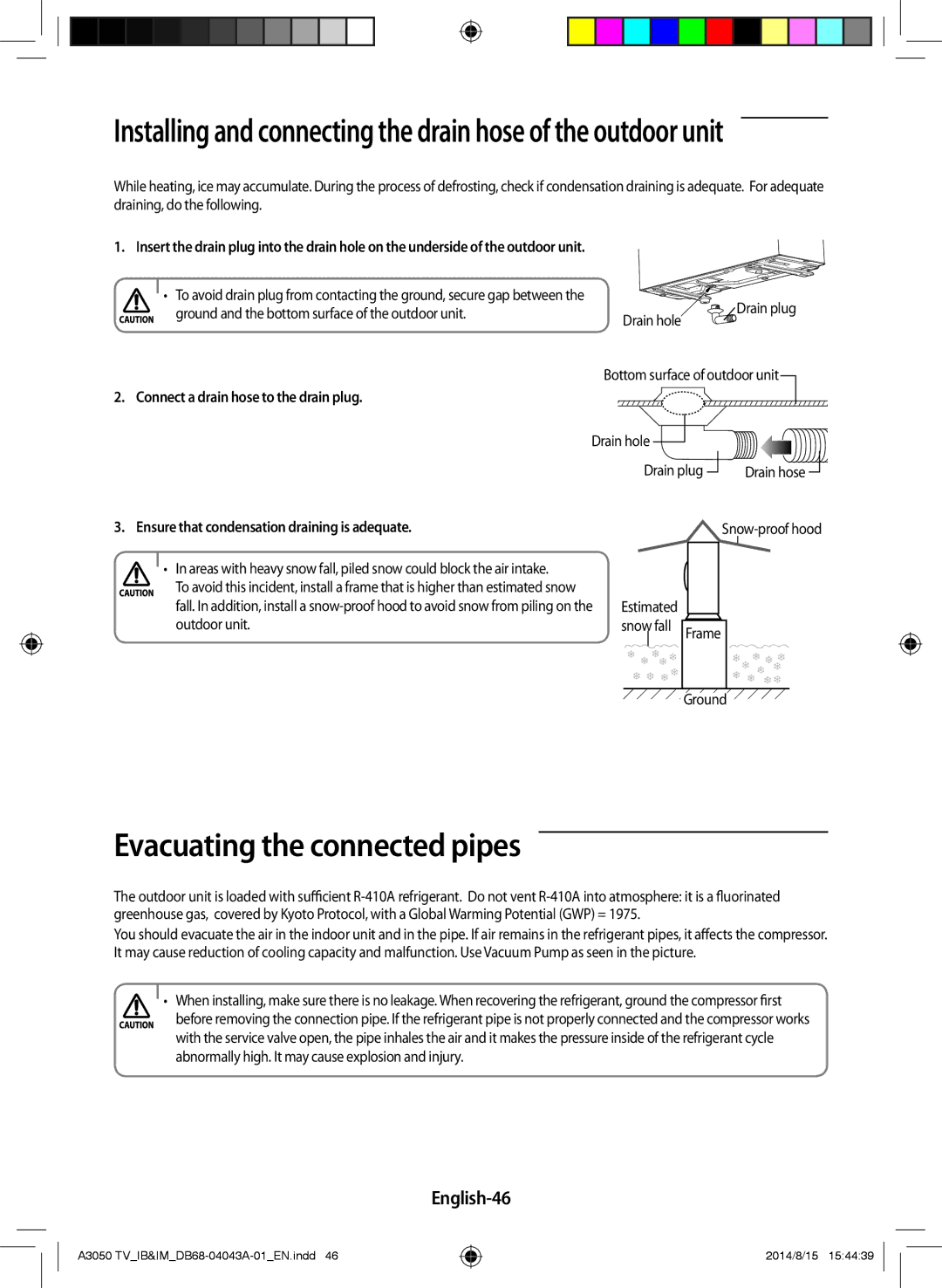 Samsung AR30HSFSSWKNTV, AR12HSFSSWKNTV Evacuating the connected pipes, English-46, Connect a drain hose to the drain plug 