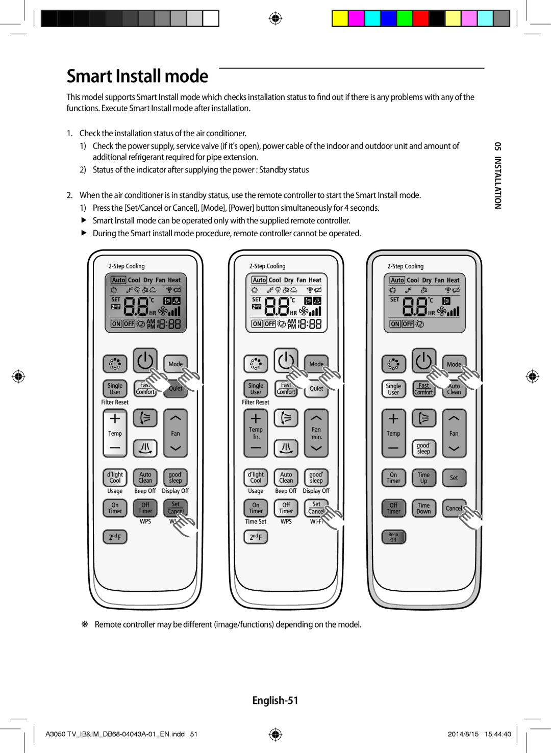 Samsung AR18HSFSSWKNTV, AR12HSFSSWKNTV, AR24HSFSSWKNTV, AR30HSFSSWKNTV manual Smart Install mode, English-51 